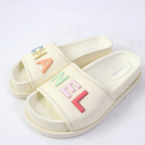 Chanel Logo Slide Sandals Leather Ivory 35