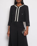 *SUPER HOT* Chanel 22C Black, White Metallic Tweed Trim Silk Jacket and Wide-Leg Trouser Set with Crystal CC Logo Detail Size FR 42-44 (UK 14-16) Jacket RRP ¬£5,420