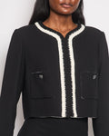 *SUPER HOT* Chanel 22C Black, White Metallic Tweed Trim Silk Jacket and Wide-Leg Trouser Set with Crystal CC Logo Detail Size FR 42-44 (UK 14-16) Jacket RRP ¬£5,420