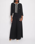 *SUPER HOT* Chanel 22C Black, White Metallic Tweed Trim Silk Jacket and Wide-Leg Trouser Set with Crystal CC Logo Detail Size FR 42-44 (UK 14-16) Jacket RRP ¬£5,420
