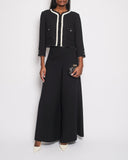 *SUPER HOT* Chanel 22C Black, White Metallic Tweed Trim Silk Jacket and Wide-Leg Trouser Set with Crystal CC Logo Detail Size FR 42-44 (UK 14-16) Jacket RRP ¬£5,420