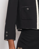 *SUPER HOT* Chanel 22C Black, White Metallic Tweed Trim Silk Jacket and Wide-Leg Trouser Set with Crystal CC Logo Detail Size FR 42-44 (UK 14-16) Jacket RRP ¬£5,420