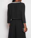 *SUPER HOT* Chanel 22C Black, White Metallic Tweed Trim Silk Jacket and Wide-Leg Trouser Set with Crystal CC Logo Detail Size FR 42-44 (UK 14-16) Jacket RRP ¬£5,420