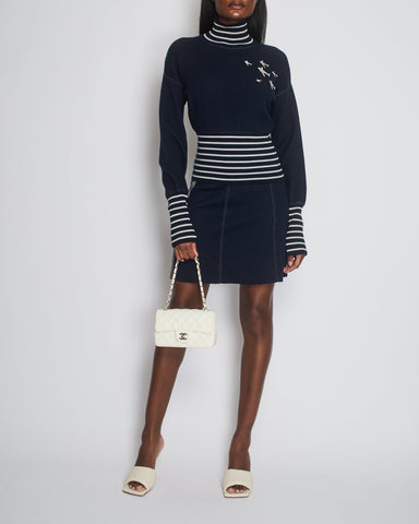 *HOT* Chanel Airline Collection Navy Cashmere Jumper and Mini Skirt Set with Silver Logo Airplane Appliqu√©s Size FR 38 (UK 10)