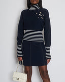*HOT* Chanel Airline Collection Navy Cashmere Jumper and Mini Skirt Set with Silver Logo Airplane Appliqu√©s Size FR 38 (UK 10)