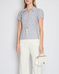 *HOT* Chanel Spring/Summer 2024 Grey & White 2 Piece Striped Shirts Set with Camelia Print Details and Crystal CC Hooks. Cropped Shirt Size FR 36 (UK 8) Long Shirt Size FR 38 (UK 10)