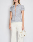 *HOT* Chanel Spring/Summer 2024 Grey & White 2 Piece Striped Shirts Set with Camelia Print Details and Crystal CC Hooks. Cropped Shirt Size FR 36 (UK 8) Long Shirt Size FR 38 (UK 10)