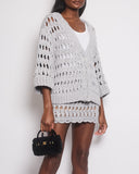 *SUPER HOT* Chanel 25C Grey Chunky Knitted igan & Skirt Set with Crystal Flower Buttons Detail Size FR 36 (UK 8) / FR 34 (UK 6)
