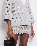 *SUPER HOT* Chanel 25C Grey Chunky Knitted igan & Skirt Set with Crystal Flower Buttons Detail Size FR 36 (UK 8) / FR 34 (UK 6)