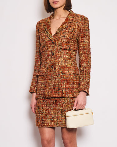 *HOT* Chanel 98A Vintage Burnt Orange & Multicolour Tweed Long Jacket and Skirt Set with Brown CC Logo Buttons Size FR 36 (UK 8)
