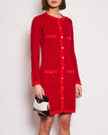 *HOT* Chanel Red Long Sleeve Knit Mini Dress with Multi Icon Logo Button Details FR 38 (UK 10)