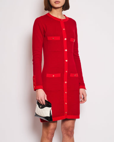 *HOT* Chanel Red Long Sleeve Knit Mini Dress with Multi Icon Logo Button Details FR 38 (UK 10)