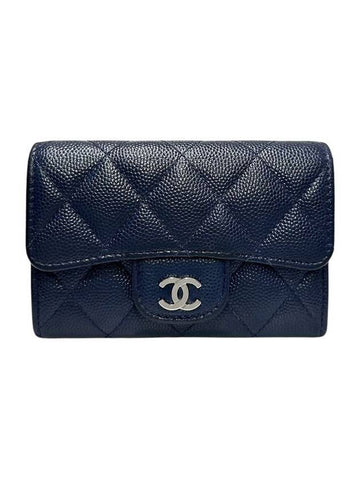 A80799 Navy caviar skin silver snap card holder business wallet Chanel