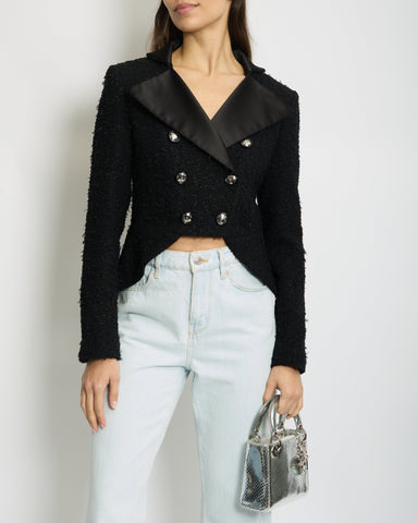 *HOT* Chanel 19K Black Metallic Tweed Cropped Blazer with Satin Collar and Snowflake Buttons Details&nbsp; Size FR 38 (UK 10) RRP ¬£5,800