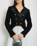 *HOT* Chanel 19K Black Metallic Tweed Cropped Blazer with Satin Collar and Snowflake Buttons Details&nbsp; Size FR 38 (UK 10) RRP ¬£5,800