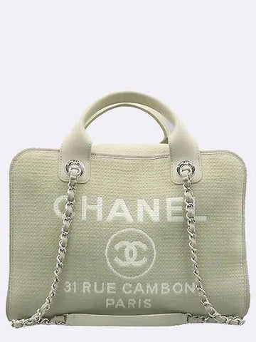 A92750 31 RUE CAMBON PARIS gray canvas CC logo Deauville bowling tote bag chain strap Chanel