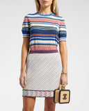 *FIRE PRICE* Chanel Cream, Red and Blue Metallic Knit Mini Skirt and Top Set FR 36 (UK 8)