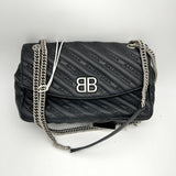 balenciaga Calfskin Logo Matelasse S BB Round Shoulder Bag Black LA43555
