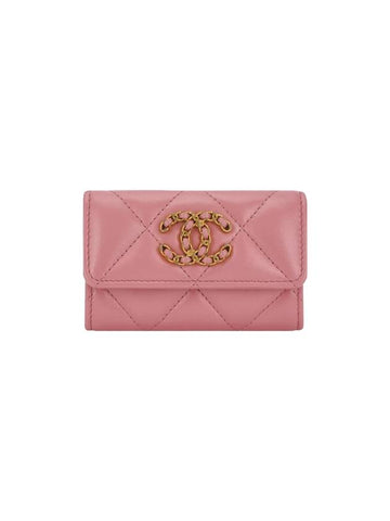19 Gold Hardware Lambskin Flap Card Wallet Coral Pink Chanel