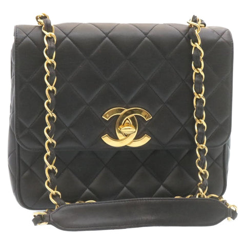 Chanel Matelasse Chain New Shoulder Bag Lamb Skin Black Gold CC Auth 28632A