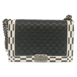 Chanel Matelasse Boy  Chain Shoulder Bag Lamb Skin Black CC Auth 29190A