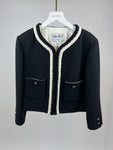 *SUPER HOT* Chanel 22C Black, White Metallic Tweed Trim Silk Jacket and Wide-Leg Trouser Set with Crystal CC Logo Detail Size FR 42-44 (UK 14-16) Jacket RRP ¬£5,420