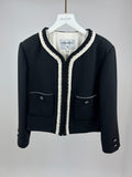 *SUPER HOT* Chanel 22C Black, White Metallic Tweed Trim Silk Jacket and Wide-Leg Trouser Set with Crystal CC Logo Detail Size FR 42-44 (UK 14-16) Jacket RRP ¬£5,420