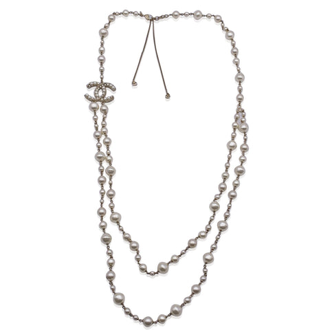 Chanel Long Double Strand Faux Pearl Necklace With Cc Logo