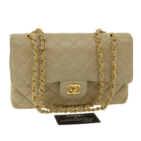 Chanel Matelasse 25 Turn Lock Chain Shoulder Bag Satin Beige CC Auth 32604