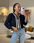 *SUPER HOT* Chanel 22C Black, White Metallic Tweed Trim Silk Jacket and Wide-Leg Trouser Set with Crystal CC Logo Detail Size FR 42-44 (UK 14-16) Jacket RRP ¬£5,420
