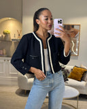 *SUPER HOT* Chanel 22C Black, White Metallic Tweed Trim Silk Jacket and Wide-Leg Trouser Set with Crystal CC Logo Detail Size FR 42-44 (UK 14-16) Jacket RRP ¬£5,420
