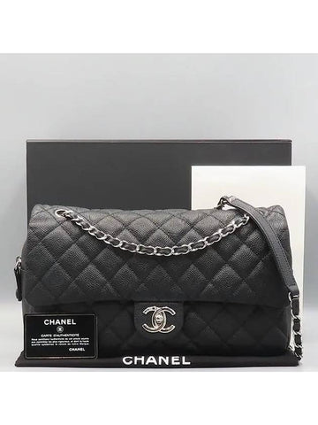 A67742 Black EASY CAVIAR Flap Silver COCO Logo Large Zip up Chain Shoulder Bag Chanel