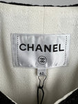 *SUPER HOT* Chanel 22C Black, White Metallic Tweed Trim Silk Jacket and Wide-Leg Trouser Set with Crystal CC Logo Detail Size FR 42-44 (UK 14-16) Jacket RRP ¬£5,420