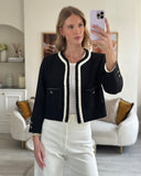 *SUPER HOT* Chanel 22C Black, White Metallic Tweed Trim Silk Jacket and Wide-Leg Trouser Set with Crystal CC Logo Detail Size FR 42-44 (UK 14-16) Jacket RRP ¬£5,420
