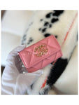 19 Gold Hardware Lambskin Flap Card Wallet Coral Pink Chanel