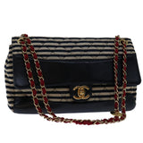 Chanel Matelasse Chain Shoulder Bag Cotton White Navy CC Auth 69062A