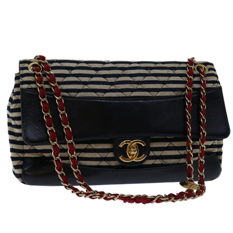 Chanel Matelasse Chain Shoulder Bag Cotton White Navy CC Auth 69062A