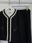 *SUPER HOT* Chanel 22C Black, White Metallic Tweed Trim Silk Jacket and Wide-Leg Trouser Set with Crystal CC Logo Detail Size FR 42-44 (UK 14-16) Jacket RRP ¬£5,420
