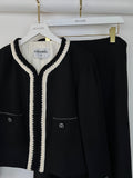 *SUPER HOT* Chanel 22C Black, White Metallic Tweed Trim Silk Jacket and Wide-Leg Trouser Set with Crystal CC Logo Detail Size FR 42-44 (UK 14-16) Jacket RRP ¬£5,420