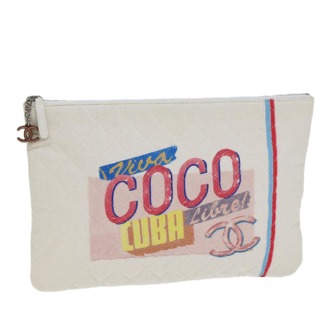 Chanel Matelasse Clutch Bag Canvas Ivory CC Auth 82075