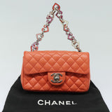 Chanel Matelasse Chain mini Hand Bag Lamb Skin Orange CC Auth 82245A