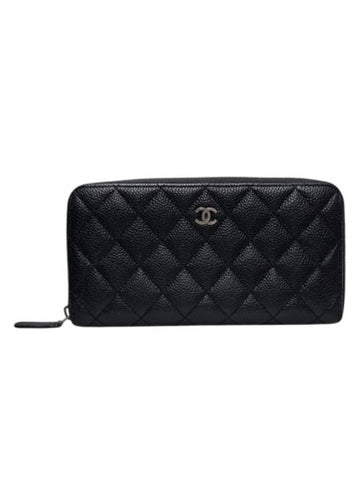 A82370 Classic Vintage Silver Black Caviar Zipper Long Wallet Chanel