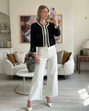 *SUPER HOT* Chanel 22C Black, White Metallic Tweed Trim Silk Jacket and Wide-Leg Trouser Set with Crystal CC Logo Detail Size FR 42-44 (UK 14-16) Jacket RRP ¬£5,420