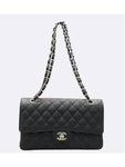 A01112 Black Caviar Skin Classic Medium Silver Chain Flap Shoulder Bag Chanel