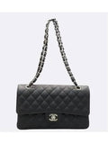 A01112 Black Caviar Skin Classic Medium Silver Chain Flap Shoulder Bag Chanel