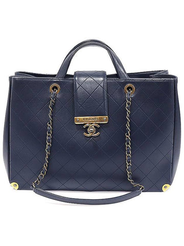 A93518 Navy Calfskin Quilted Metal Chain Tote 2WAY 23rd Unit Chanel