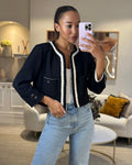 *SUPER HOT* Chanel 22C Black, White Metallic Tweed Trim Silk Jacket and Wide-Leg Trouser Set with Crystal CC Logo Detail Size FR 42-44 (UK 14-16) Jacket RRP ¬£5,420
