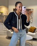 *SUPER HOT* Chanel 22C Black, White Metallic Tweed Trim Silk Jacket and Wide-Leg Trouser Set with Crystal CC Logo Detail Size FR 42-44 (UK 14-16) Jacket RRP ¬£5,420