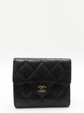 A82288 Black caviar skin gold COCO logo quilted classic small flap bi fold wallet Chanel