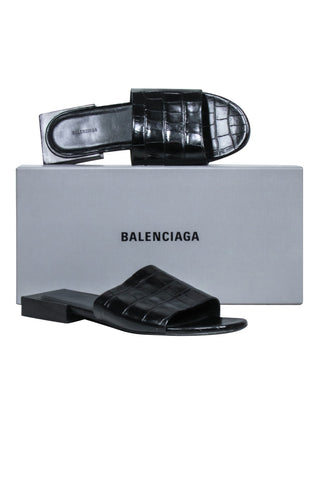 balenciaga - Black Croc Embossed Slide Sandals Sz 7.5